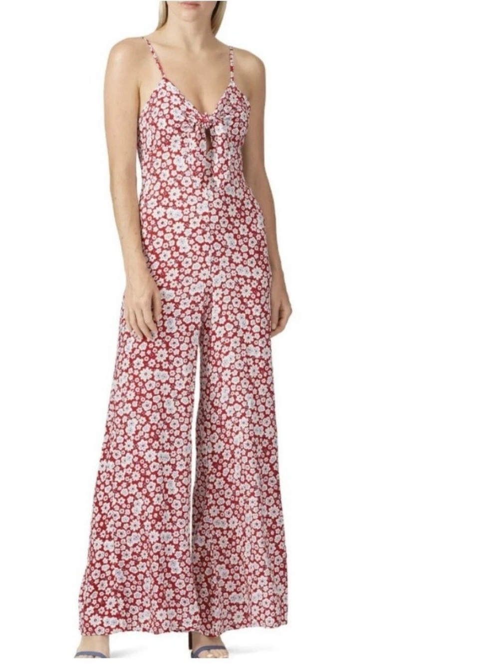 Auguste Mila Palms Floral Jumpsuit Wide Leg Sleeveless Skinny Strap Red White 2